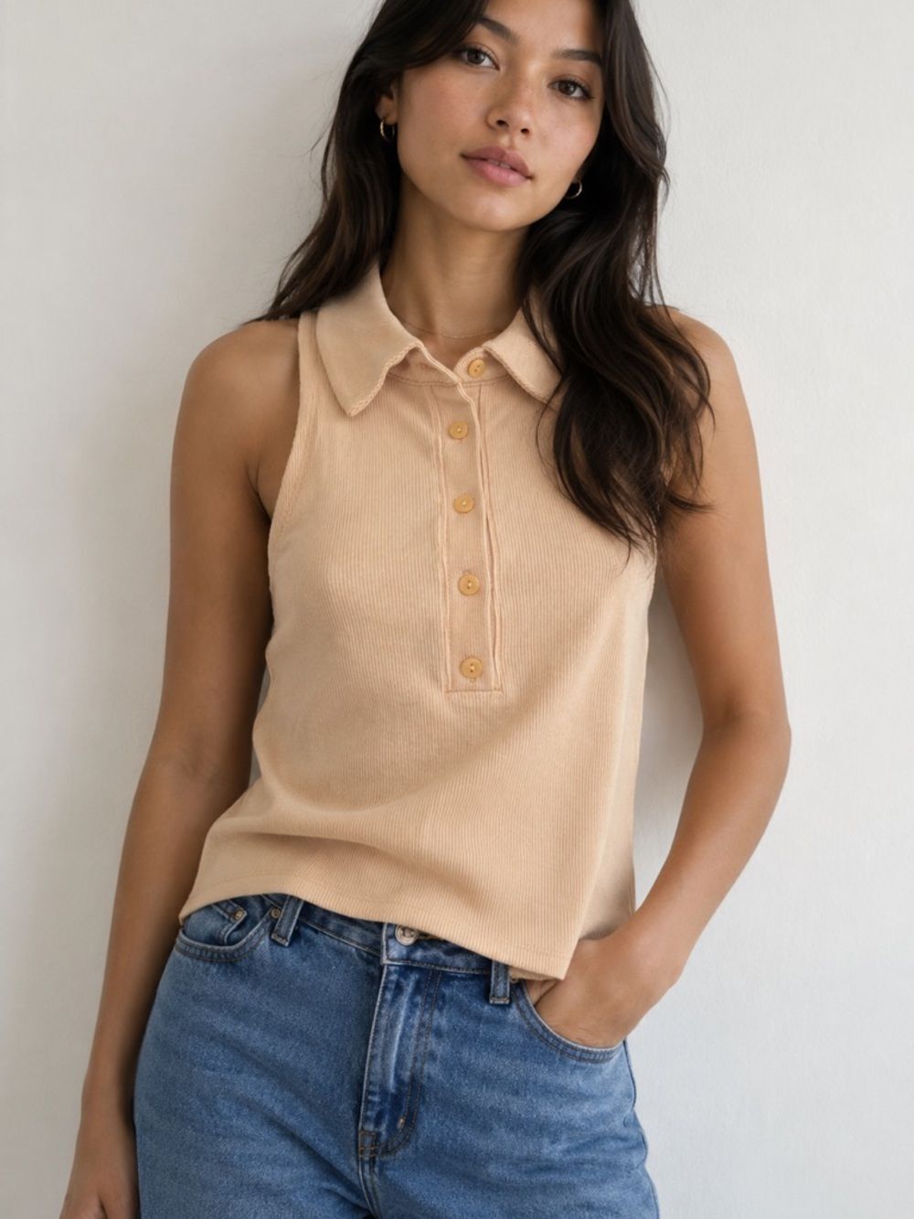NWT Abercrombie & Fitch Medium Rib Sleeveless Collared Henley Tank Top Beige